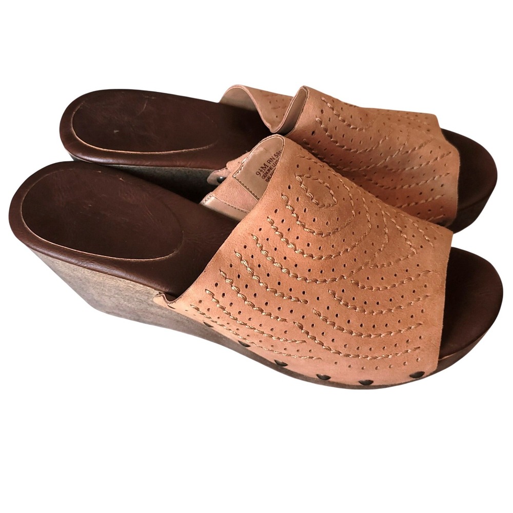 Hinge Womens Suede Copper Wedge Open-toe Sandals Wood Clogs 9.5 Embroidered Y2K